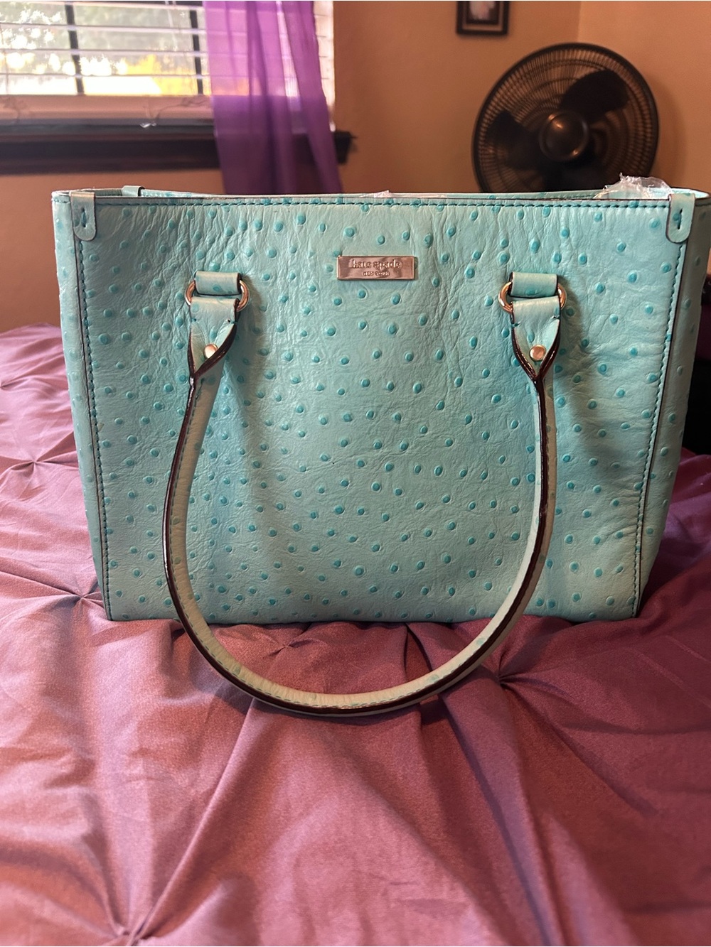 kate spade turquoise ostrich-embossed tote